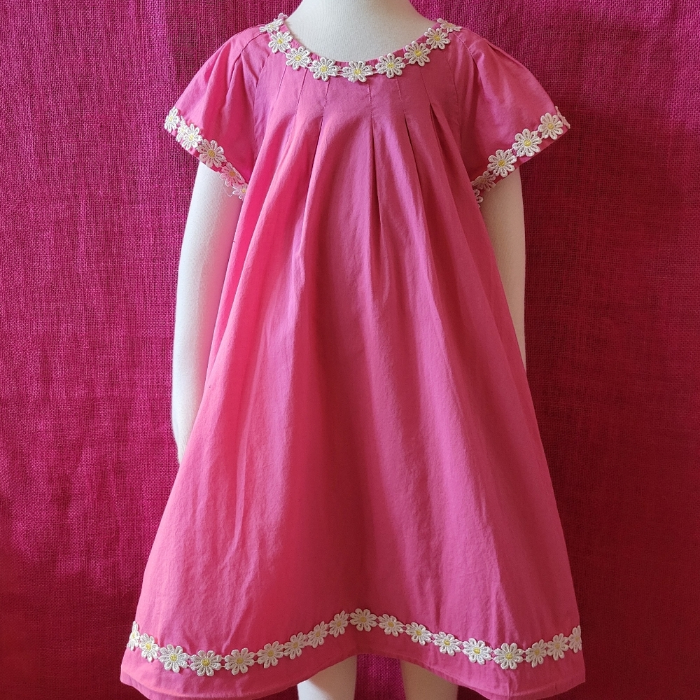 Mini Boden Pink Pleated Cotton Daisy Trim Dress 7/8yrs
